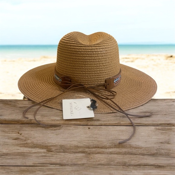 Hat straw southwestern Tan braided hatband NWT Sun hat beach - Picture 2 of 7